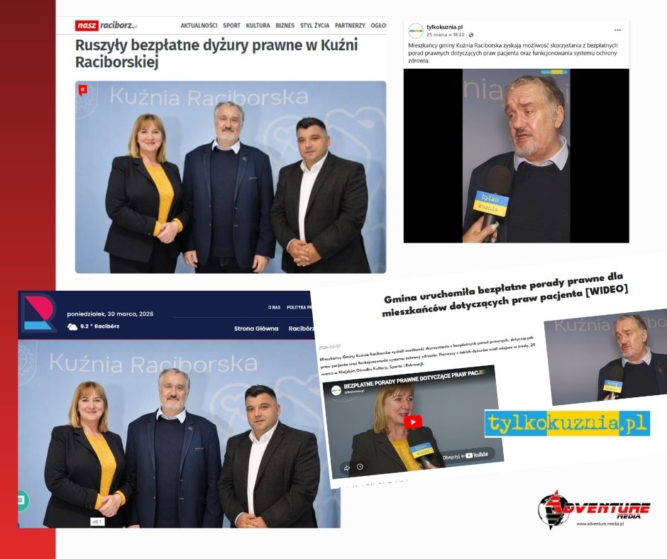 Materiały medialne o efektach badania opinii mieszkańców i bezpłatnych poradach prawnych w Gminie Kuźnia Raciborska